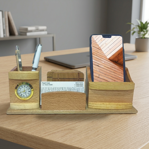 wooden <b>desk</b> organizer Office gift with clock Phone <b>stand</b> pen holder Wooden <b>desk</b> organizer gift - Product Image 5