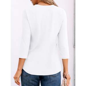 2025 femmes 3/4 longueur manches tenue décontractée col rond plissé basique chemises tunique - Product Image 1