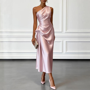 Robe de soirée élégante pour femme, asymétrique à une épaule, en satin, longueur midi, drapée, ajustée, style fourreau, personnalisable OEM ODM - Product Image 3
