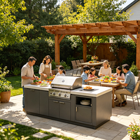 Meubles de cuisine extérieurs modulaires modernes de luxe en acier SUS304, étanches IPX4, avec barbecue, évier et rangement réfrigérateur