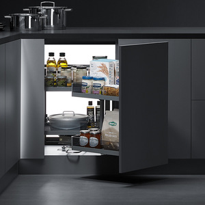 Panier coulissant pour armoire de cuisine en forme de L Unihopper avec mécanisme de descente lente amortie et panneau en verre cristal noir - Product Image 3