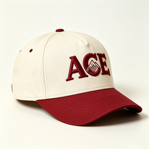 Two Tone Cream Burgundy 5-Panel Baseball <b>Cap</b> ACE <b>Mountain</b> Embroidery Canvas Structured Baseball Hat Adjustable Unisex Casual <b>Cap</b> - Product Image 2