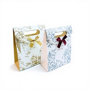 Beautiful Paper <b>Bag</b> With Logo Print Custom Small Decorative Paper <b>Bags</b> With Bow Tie Ribbon Die-cut Handle <b>Bag</b> with Velcro - Product Image 1