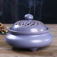 Brûleur d'encens en céramique bleu clair avec couvercle, brûleur d'encens décoratif en céramique de luxe