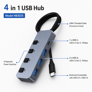 Hub USB 3.2 Gen 2 10 Gbps 4 <span class=keywords><strong>en</strong></span> 1 <span class=keywords><strong>en</strong></span> aluminium avec interrupteurs d'alimentation individuels, 1 port USB C et 3 ports USB A - Product Image 3