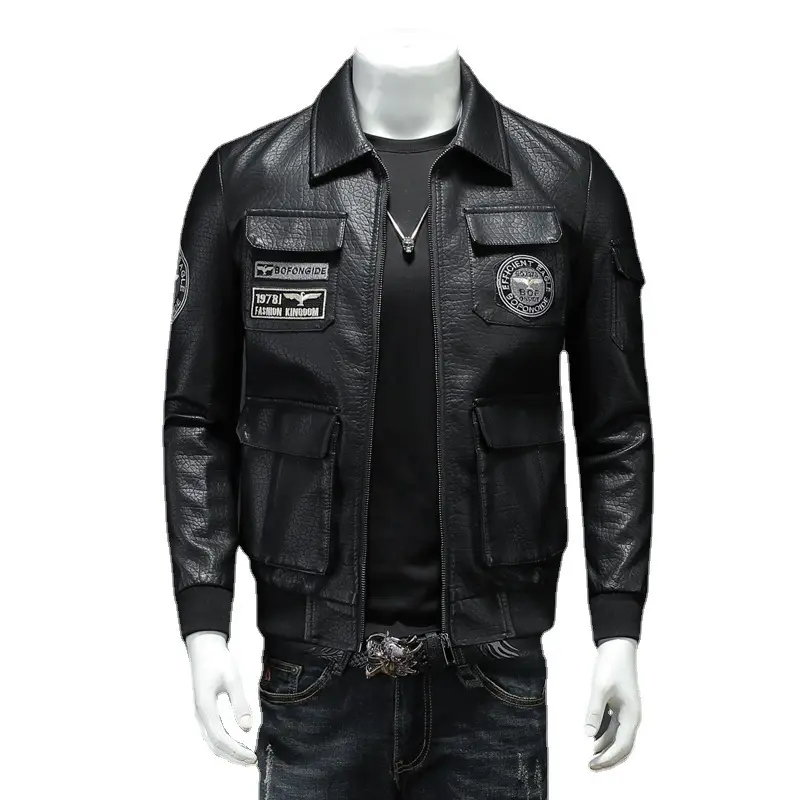 2023 Wholesale Spring and Autumn jacket coat men's plus size slim lapel embroidery men's leather jacket