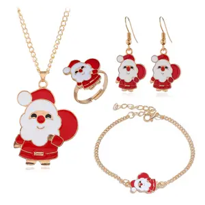 4 unids/set de Navidad conjunto de joyas para mujeres de moda de esmalte chapado en oro árbol de Navidad de Santa Claus de la cabeza de ciervo de Navidad conjunto de joyas