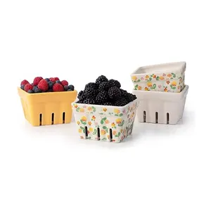 黄色白色和花卉图案石器水果篮方形陶瓷浆果篮漏勺一套4个厨房水果篮