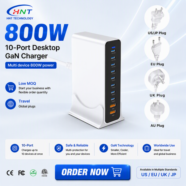 10-in-1 800W GaN Fast Charger with 8 USB-C and 2 USB-A Ports Desktop Charging Station for iPhone Tablet MacBook Android Samsung