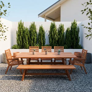 Modern Teak Wood Outdoor Dining Table Set Patio Furniture with <b>Bench</b> for Villa Hotel Resort - Product Image 1