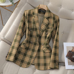 Traje de Lana de 2 Piezas para Mujer, Elegante y Sencillo, <span class=keywords><strong>Blazer</strong></span> a <span class=keywords><strong>Cuadros</strong></span> Marrón y Azul Marino con Falda de Cintura Alta y Decoración de Botones, Formal e Informal - Product Image 2