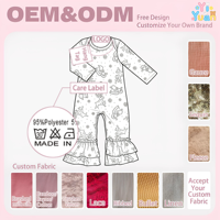 Romper lengan panjang dengan kancing bahu, aksen ruffle, potongan bell bottom, motif rusa dan salju, jumpsuit satu potong untuk bayi perempuan.