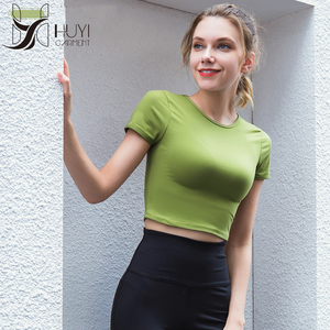 Nuevo estilo de Yoga de manga corta americana <span class=keywords><strong>Europea</strong></span> deportes camisa <span class=keywords><strong>mujer</strong></span>, cuello redondo de corte Slim Fitness camiseta - Product Image 3
