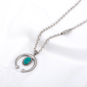 Geometric Turquoise Necklace <b>Titanium</b> Steel Circle Pendant Men's Ethnic Style Jewelry Fashion Beaded Necklaces - Product Image 3