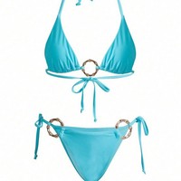Ensemble de maillot de bain 3 pièces pour femme grande taille, couleur unie, avec détails anneaux, haut triangle, short de bikini coupe coquine, décolleté dos nu, imprimé délavé