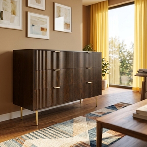 <span class=keywords><strong>Commode</strong></span> moderne en bois <span class=keywords><strong>de</strong></span> <span class=keywords><strong>noyer</strong></span> cannelé <span class=keywords><strong>de</strong></span> style mid-century avec 6 tiroirs, poignées dorées et pieds métalliques pour chambre à coucher et projets hôteliers - Product Image 5