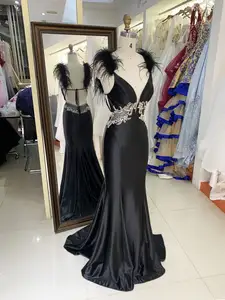 Gaun prom hitam grosir bulu mewah baru gaun panjang remaja malam untuk wanita 2025