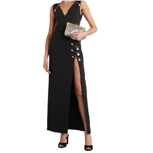 vestidos de fiesta mujer Summer Sexy Women Sleeveless Classic Elegant Black Split Dresses Formal Evening Party Silk Dress