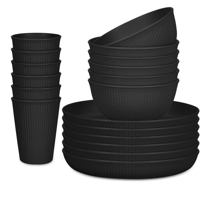Nordic Modern 18-Piece Black Dinnerware Set Portable and Reusable Wheat Straw Disposable Plates for Hotels