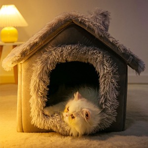 LY Geschlossenes beheiztes Katzen haus Faltbares quadratisches Haustier bett im klassischen Stil mit abnehmbarem Plüsch kissen Winter wärme für kleine Haustiere - Product Image 4