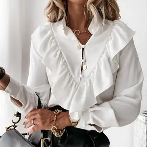 Elegant Women Spring Autumn Shirts Single-breasted Design Ruffles Decor V-Neck Long Sleeve Dot Print Slim Cardigan Top