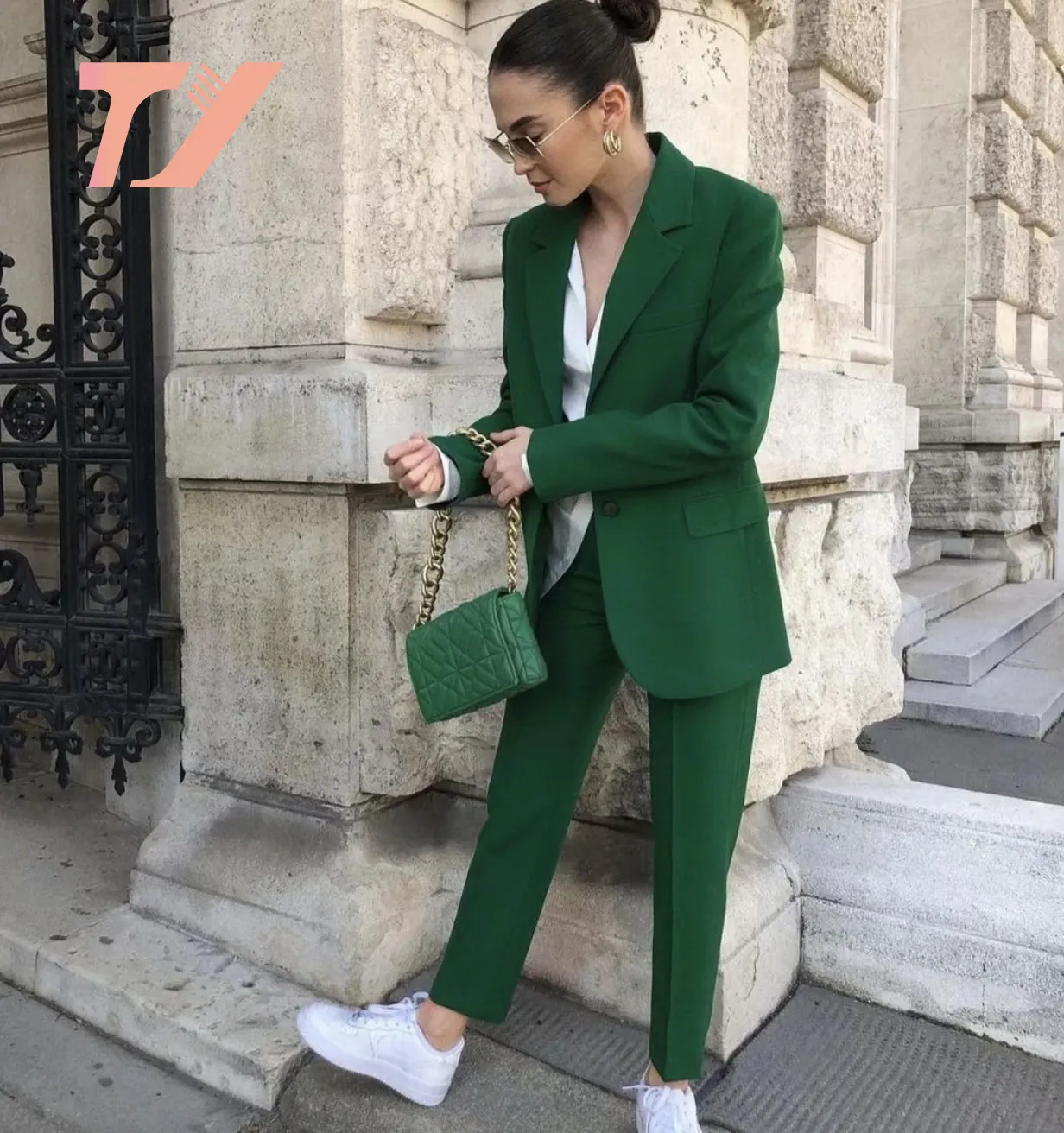 Button Loose Blazer Office Elegant Ladies Outfit Female Pocket Jacket Green Coat Two Piece Suit Za Women's Sets Blazer