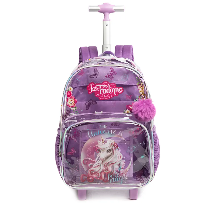 Jasminestar tas sekolah gambar kartun Unicorn, tas troli sekolah desain kartun Pvc dengan tas makan siang dan kantong pensil isi 3 buah