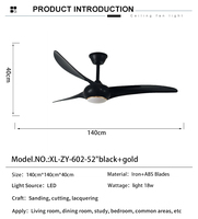 Ventilateur de plafond industriel moderne de 52 pouces avec 3 pales, moteur DC, télécommande noire, lumière LED, 6 vitesses, LED tricolore à intensité variable