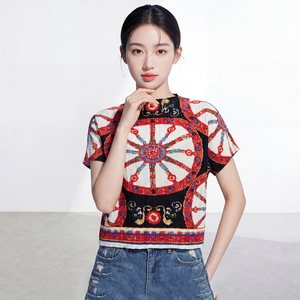 批量批发T恤 女式休闲衬衫 手工制作放射状图案印花 对称图案三宅褶皱衬衫 - Product Image 2