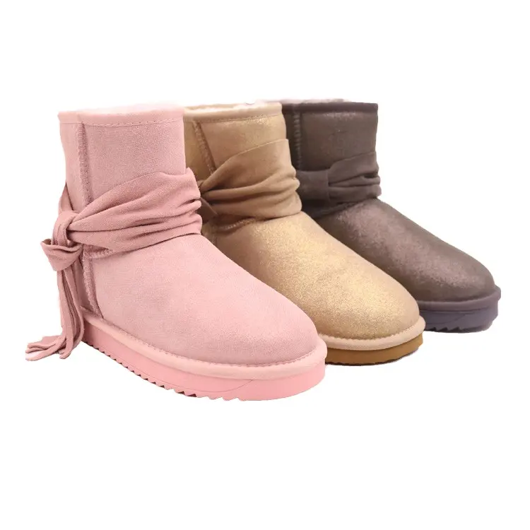 CF-150 Winter Factory Ankle Design Tassels Real Wool Women Cow Suede Boots
