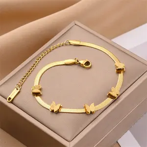 18K Vergulde Platte Visgraat Ketting Vlinderarmband Voor Vrouwen Met Diamanten Steen Op Roestvrijstalen Armbanden