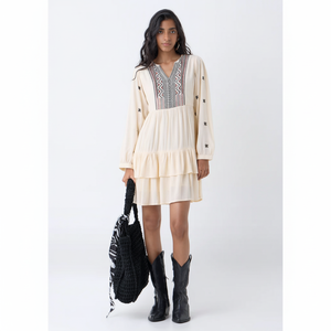 Robe à volants en coton brodé aztèque crème Bombay Paisley - Product Image 1