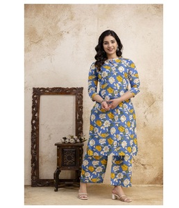Conjunto de Kurta y Palazzo Azul para Mujer, Cuello Alto, Detalle de Botones Simulados en la Parte Delantera, Ropa Étnica Elegante para Ocasiones Casuales y Festivas - Product Image 3
