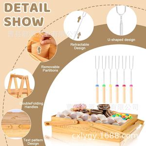 Caja de almacenamiento de aperitivos de madera con tapa y compartimentos, cesta de picnic portátil para exteriores, diseño retráctil, asas plegables - Product Image 1