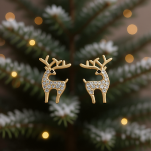 Boucles d'oreilles clous en alliage plaqué or E3469, motif cerf avec micro-incrustation de pierres rondes taille brillant, design animal mignon, bijou unisexe, cadeau - Product Image 2