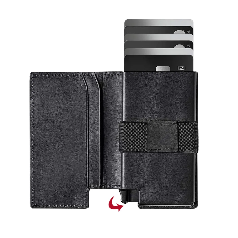Carteira masculina compacta de couro legítimo, carteira masculina feita em metal e com compartimento para cartões de crédito com sistema rfid, com compartimento para cartões