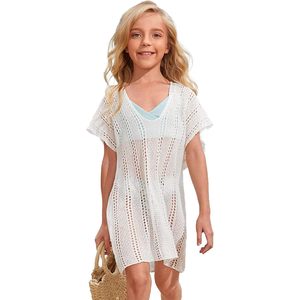 Robe de plage personnalisée pour fille, col en V, crochet, manches courtes, paréo d'été, haut de bikini ample en coton tricoté, 1 pièce - Product Image 1