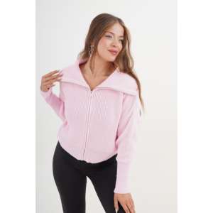 Cardigan rose en tricot à col zippé pour femme, style décontracté, tissu anti-boulochage - Product Image 3