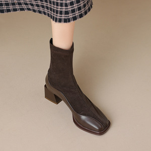 2026New Elegant Women Shoes Brown Leather Suede Spliced Ankle Boots With Square Toe and <b>Block</b> Heel Shopping and Travel - Product Image 4
