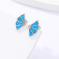 925 Sterling Silber Fächerförmige Ohrstecker Synthetischer Blauer Opal CZ-Akzent Geometrische Ohrringe Damen Feiner Edelsteinschmuck Geschenk
