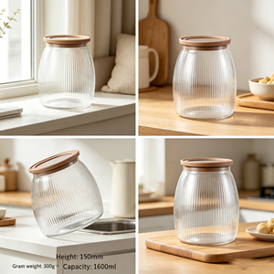 Bottiglia in <span class=keywords><strong>Vetro</strong></span> di Grande Capacità con Coperchio in Legno, Realizzata in <span class=keywords><strong>Vetro</strong></span> <span class=keywords><strong>Pyrex</strong></span> con Coperchio in Legno di Acacia, Contenitore Sigillato per Conservazione Cereali - Product Image 2