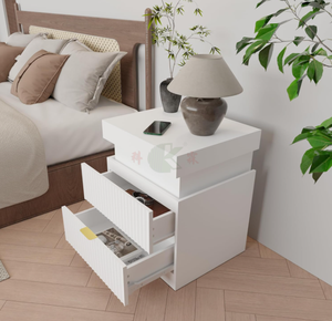 Table de <span class=keywords><strong>chevet</strong></span> en bois blanc avec station de charge et éclairage LED, table de <span class=keywords><strong>chevet</strong></span> moderne à rainures, plateau coulissant et tiroirs - Product Image 2