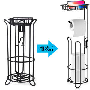 Porte-papier toilette sur pied double fonction en fer noir avec étagère de rangement à niveaux pour salle de bain - Product Image 2