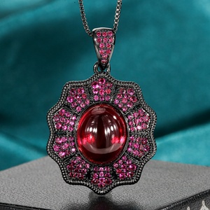 Ensemble de bijoux de mariée en cuivre écologique plaqué or noir, avec zircone cubique rouge 10*12mm, collier et bague pour mariage, vente en gros - Product Image 4