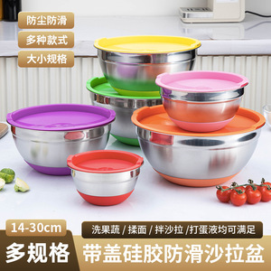 Bol à salade en acier inoxydable avec couvercle, fond en silicone rouge antidérapant, bol de mélange pour la cuisine, 14 cm, 16 cm, 18 cm, 20 cm, 22 cm, 24 cm, 26 cm, 28 cm - Product Image 2