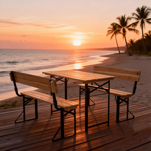 Houten opvouwbare draagbare party bierhouder bartafel stoelenset 3-delige biertafelset met rugleuning stijl bank - Product Image 6