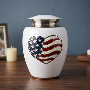 Urna de Esmalte Blanco para Cremación, Recuerdo con Bandera Americana y Corazón, Contenedor Conmemorativo de Metal para el Hogar - I H C - Product Image 3