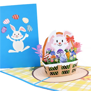 Joyeux jour de Pâques Pop up <span class=keywords><strong>carte</strong></span> coloré mignon lapin avec <span class=keywords><strong>des</strong></span> oeufs dans le panier imprimé cartes de voeux joyeux pâques <span class=keywords><strong>fête</strong></span> fournitures cadeaux - Product Image 1