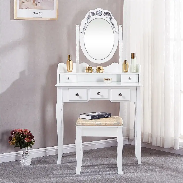 Ayna ile Dresser tabure 5 ışık çekmeceli makyaj Vanity seti Vintage tuvalet masası yatak odası için beyaz Vanity masa takımı