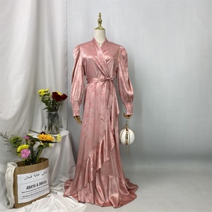 6572# 5 Colors Satin Floral Printed <b>Maxi</b> Dress Long Sleeve Wrap Dresses With Side Ruffles Turkey Islamic Arab Muslim Robe Longue - Product Image 2
